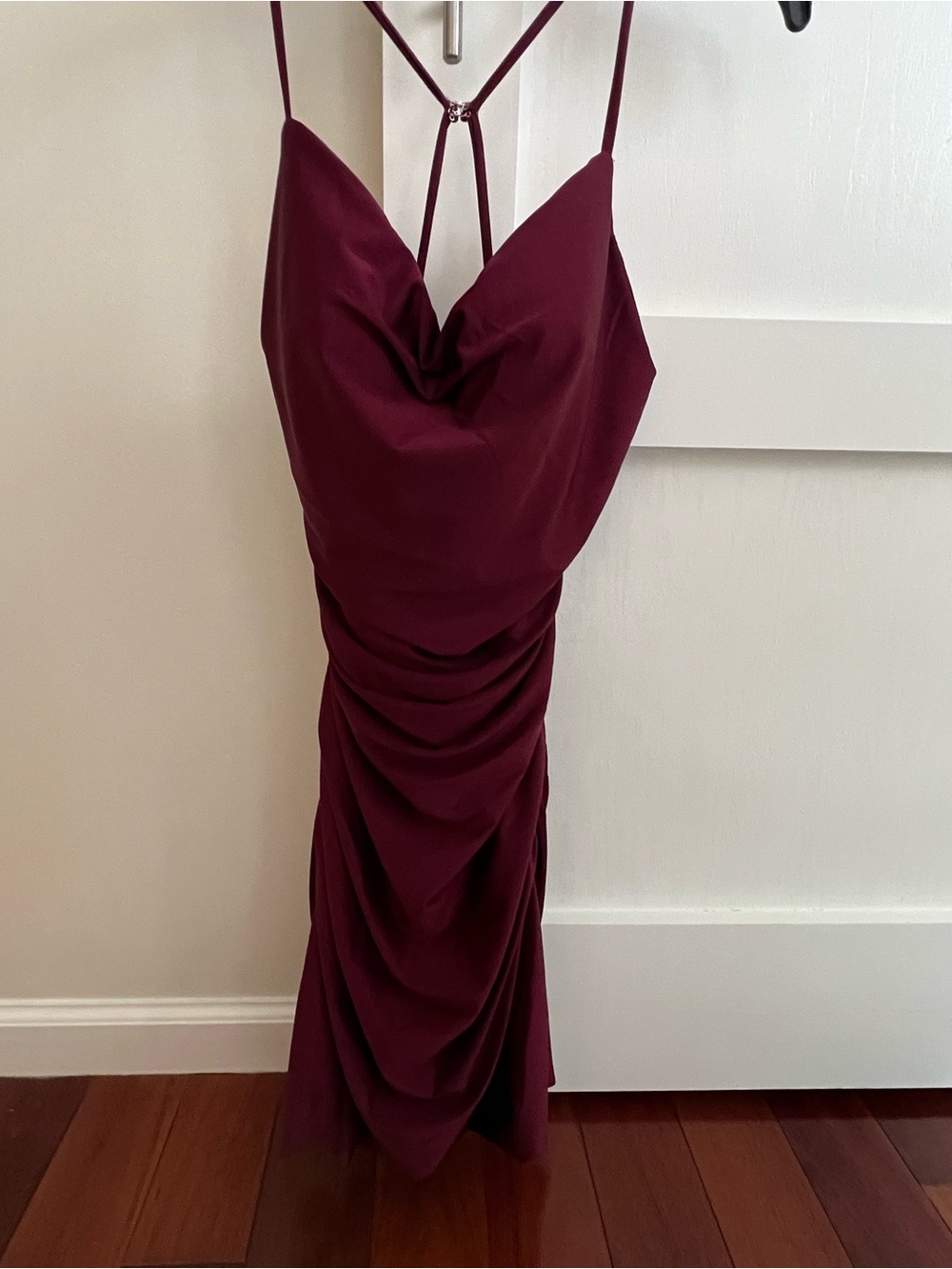 La Femme Burgundy Cowl Midi Dress with Draped Ruched Skirt